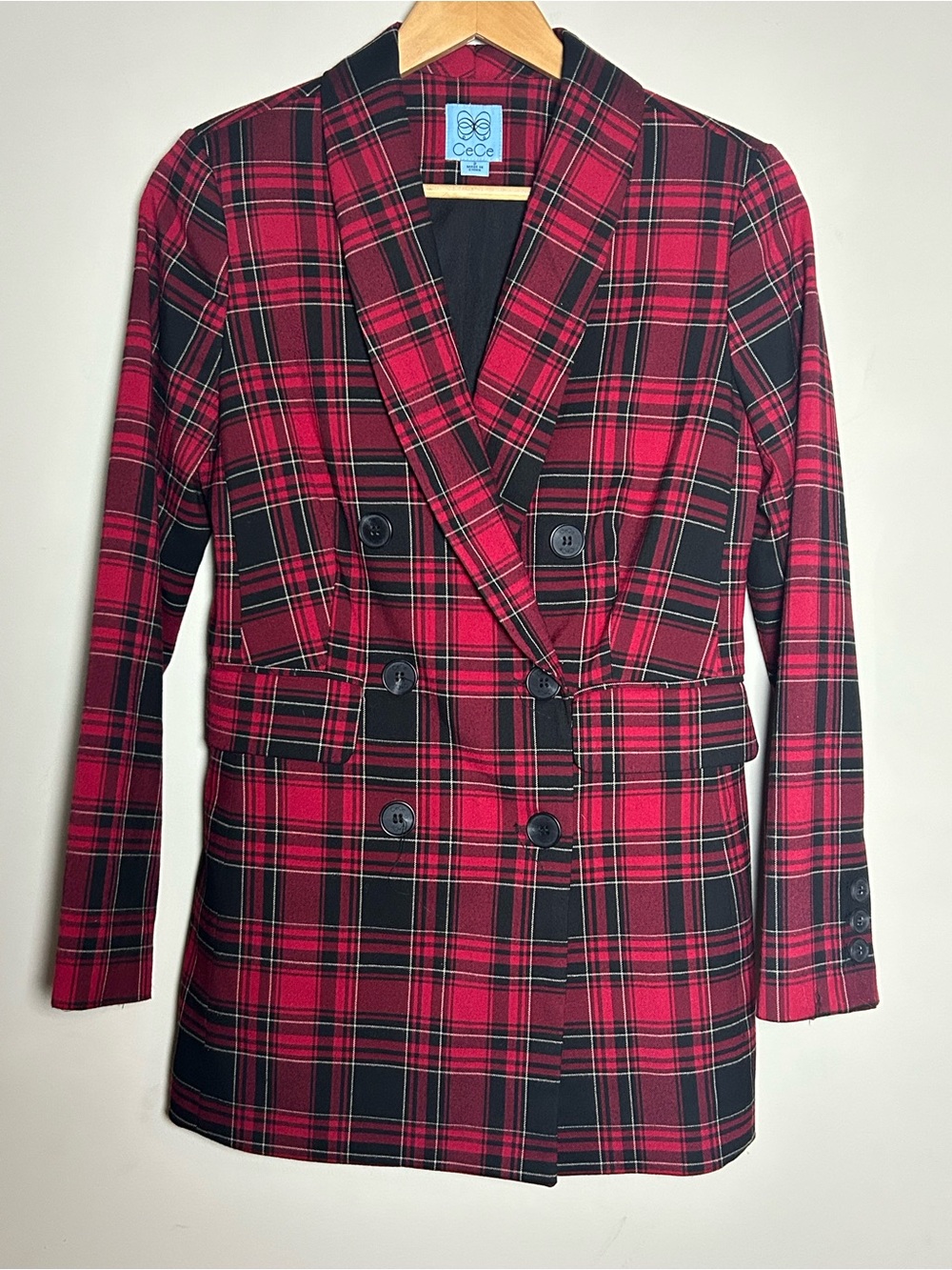 CeCe Red and Black Plaid Double-Breasted Blazer - Picture 2 of 10